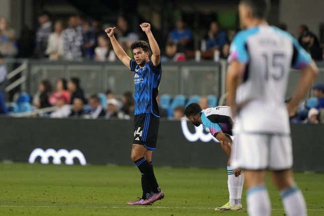 Sep 2, 2023; San Jose, California, USA; San Jose Earthquakes forward Cade Cowell (44) gestures after scoring a goal against the Minnesota United during the first half at PayPal Park.