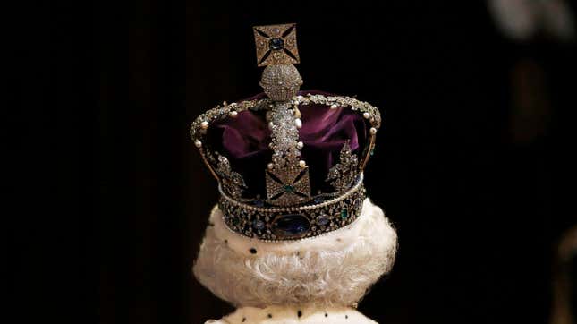 An image of the late Queen Elizabeth II wearing her crown is shown.