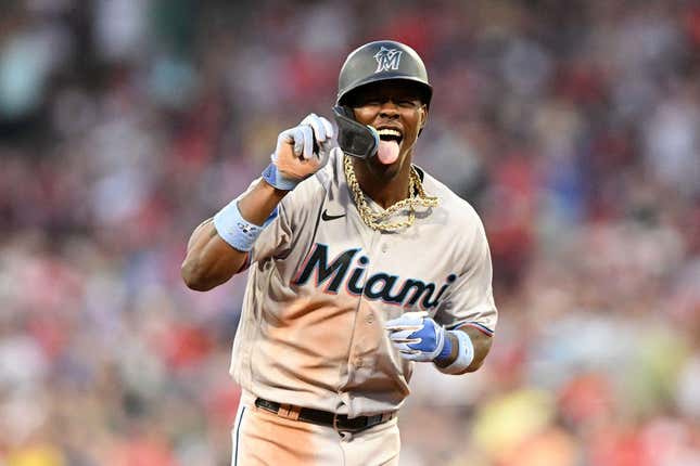 Jun 29, 2023; Boston, Massachusetts, USA; Miami Marlins center fielder Jazz Chisholm Jr. (2) reacts after hitting a home run against the Boston Red Sox during the ninth inning at Fenway Park.