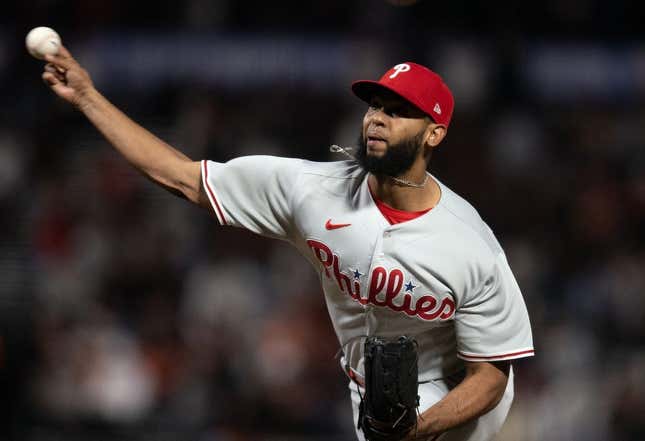May 16, 2023; San Francisco, California, USA; Philadelphia Phillies pitcher Seranthony Dom nguez (58) delivers a pitch against the San Francisco Giants during the seventh inning at Oracle Park.