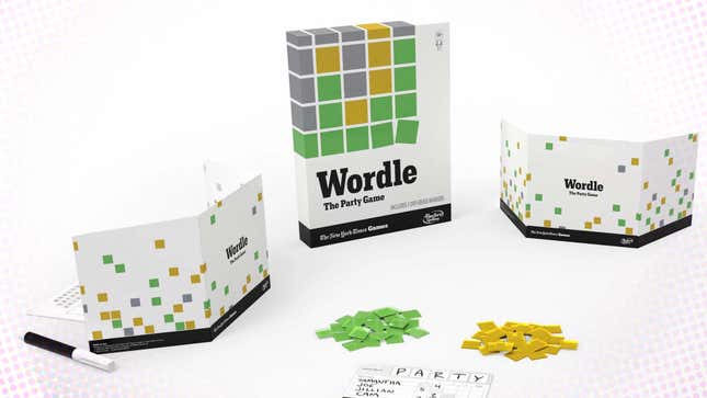 The Wordle board game sitting on a white table. 