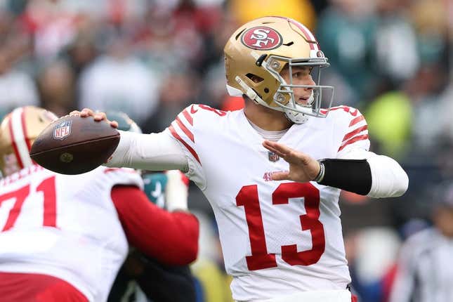 Jan 29, 2023; Philadelphia, Pennsylvania, USA; San Francisco 49ers quarterback Brock Purdy (13) throws a pass against the Philadelphia Eagles during the first quarter in the NFC Championship game at Lincoln Financial Field.