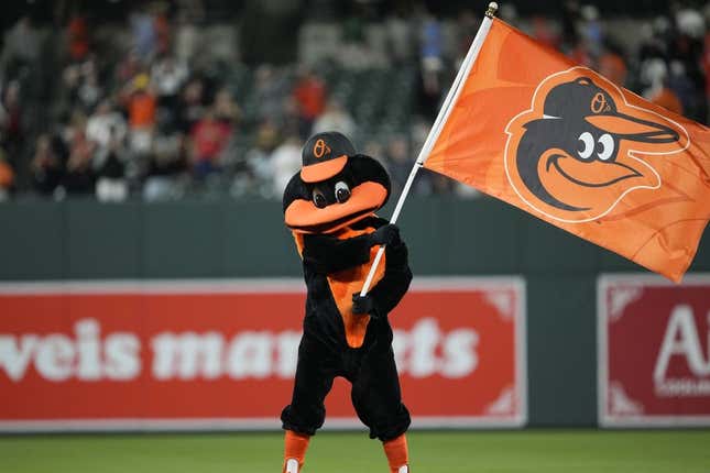May 10, 2023; Baltimore, Maryland, USA; the Baltimore Orioles mascot waves a flag after a 2-1 victory over the Tampa Bay Rays at Oriole Park at Camden Yards.