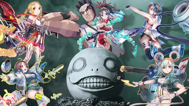 A collage of 404 Game Re:set characters float above Yoko Taro's head.