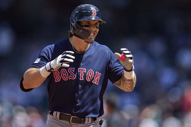 Aug 2, 2023; Seattle, Washington, USA; Boston Red Sox player Jarren Duran celebrates his two-run home run against the Seattle Mariners during the third inning at T-Mobile Park.