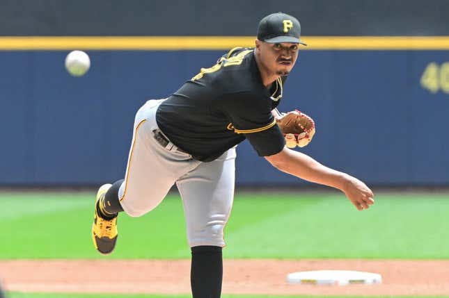 Aug 6, 2023; Milwaukee, Wisconsin, USA; Pittsburgh Pirates pitcher Johan Oviedo (24) pitches against the Milwaukee Brewers in the first inning at American Family Field.