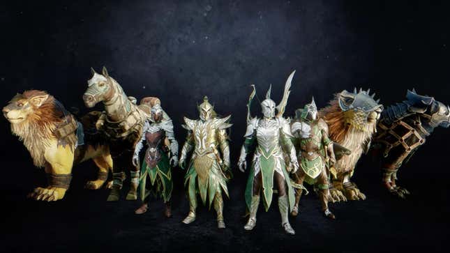 New World characters stand in front of new lion, horse, and wolf mounts.