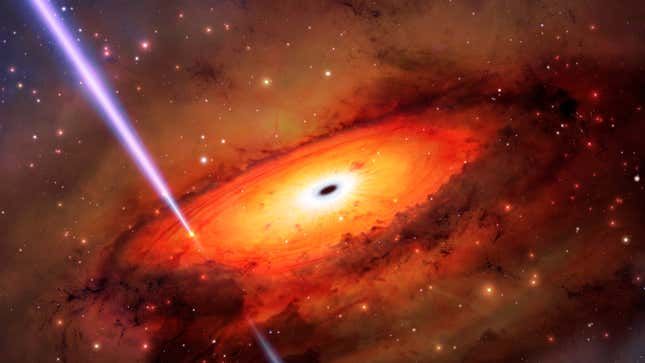 An artist's impression of a gamma ray burst produced near a galactic's center.