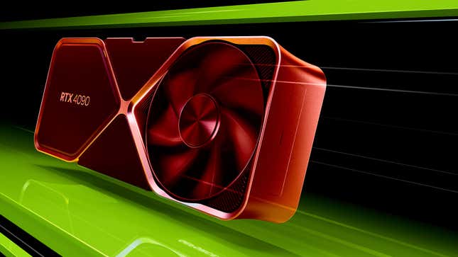 A red-tinted RTX 4090 GPU floats in a green-and-black space.