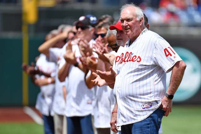 Aug 7, 2022; Philadelphia, Pennsylvania, USA; Former Philadelphia Phillies manager Charlie Manuel acknowledges the crowd during Alumni Day ceremony before game against the Washington Nationals at Citizens Bank Park.