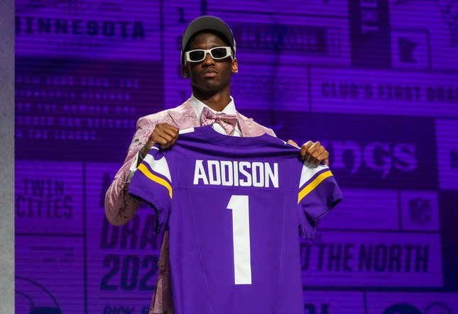 Apr 27, 2023; Kansas City, MO, USA; USC wide receiver Jordan Addison on stage after being selected by the Minnesota Vikings twenty third overall in the first round of the 2023 NFL Draft at Union Station.