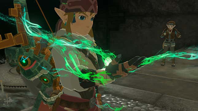 Link is seen covered in a green, flowing light.