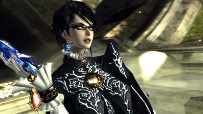 Bayonetta waves her gun casually as she stands on the side of a building and talks to a angel. 