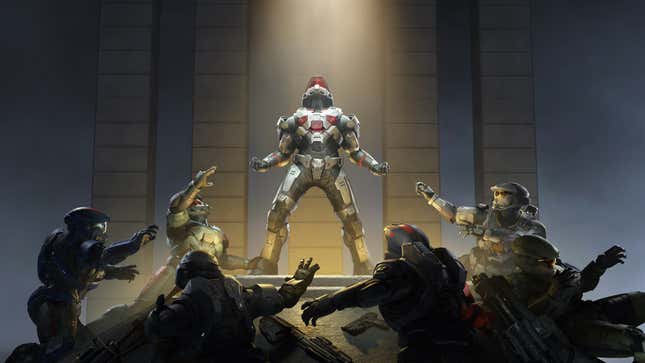 A spartan stands on a platform basked in golden light while other spartans clamber toward them in Last Spartan Standing, a new semi battle royale in Halo Infinite's second season.