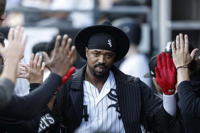 Jun 20, 2023; Chicago, Illinois, USA; Chicago White Sox designated hitter Eloy Jimenez (74) celebrates with teammates after hitting a two-run home run against the Texas Rangers during the first inning at Guaranteed Rate Field.