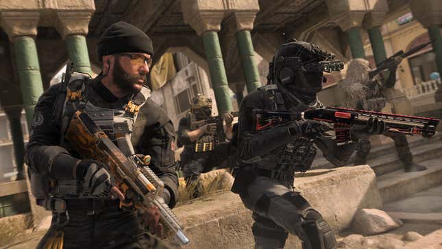 Two Call of Duty characters point their weapons in Modern Warfare II.