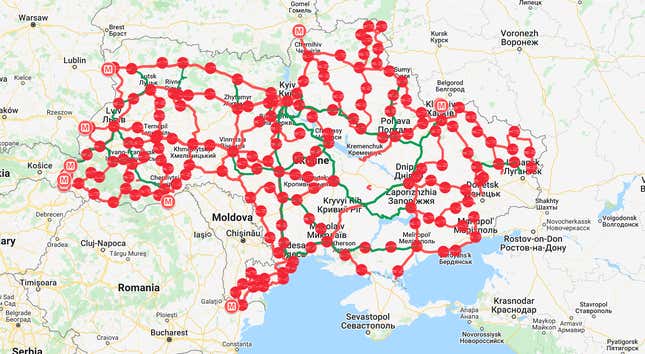A map showing Ukraine's web infrastructure, including many cross-border connections to other countries, especially in the west.