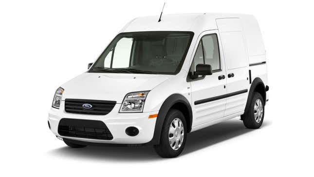 A photo of a white Ford Transit Connect cargo van. 