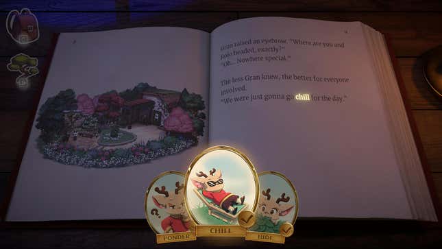Beacon Pines' storybook, offering a choice of three words to progress the story.