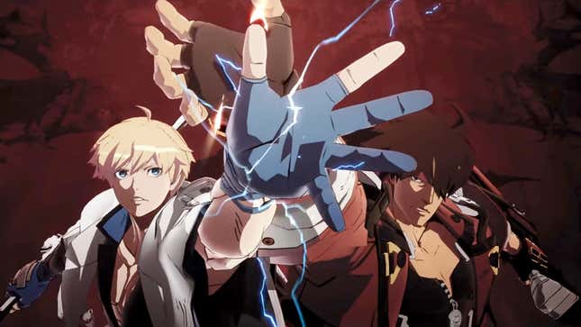 Guilty Gear's Ky Kiske and Sol Badguy cross outstretched arms towards the camera as electricity surges from their hands.