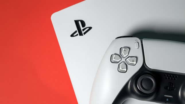 A PS5 sits against a red background.