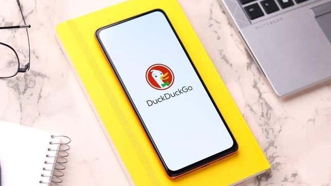 The DuckDuckGo logo on a phone