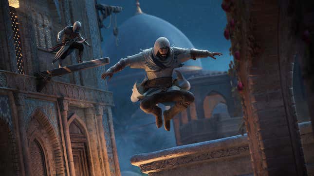 An image shows two assassin's running through a city at night. 