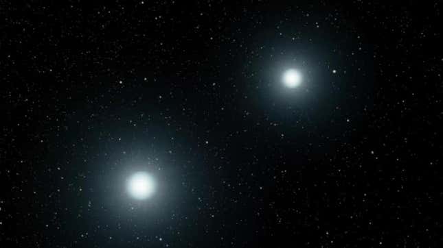 An illustration depicts two luminous blue-white dots, white dwarfs in pace set to merge.