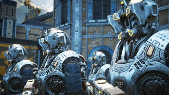 A screenshot shows robot soldiers as seen in Gears 4. 