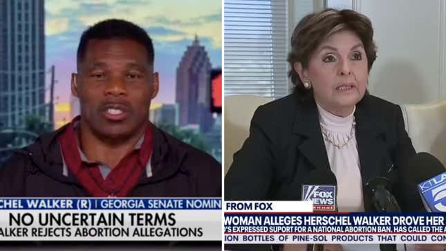 herschel walker denying abortion allegation on Fox News on 10/26/22, Gloria Allred outlining allegation he paid for an abortion at a press conference