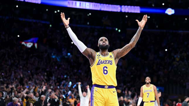 LeBron James celebrates after a shot to become the all-time NBA scoring leader, passing Kareem Abdul-Jabbar at 38,388 points on Feb. 7, 2023, in Los Angeles.