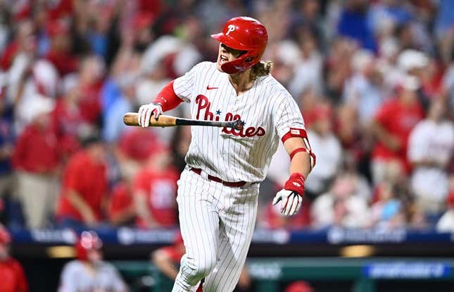 Aug 29, 2023; Philadelphia, Pennsylvania, USA; Philadelphia Phillies infielder Alec Bohm (28) reacts after hitting a three-run home run against the Los Angeles Angels in the sixth inning at Citizens Bank Park.