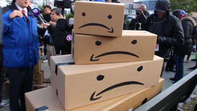 Angry boxes at an 2018 Amazon protest in Queens, NY.