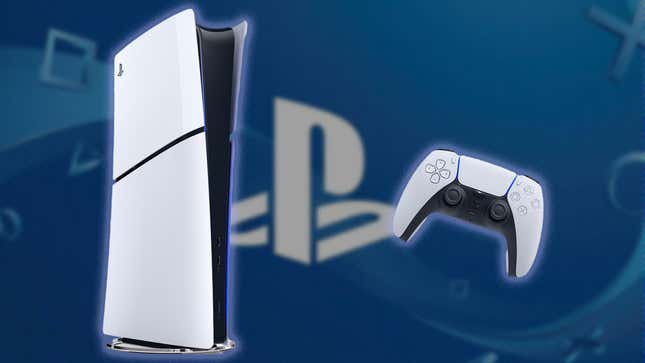 A PS5 sits in front of a PlayStation background. 