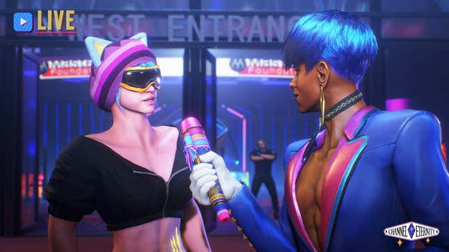 A fighter gets interviewed on live TV in Street Fighter 6's World Tour mode.
