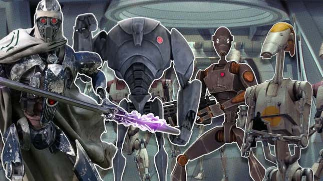 An image shows a collage of various Star Wars droids. 