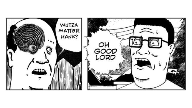 An altered Junji Ito manga panel featuring King of the Hill's  Hank Hill and Bill Dauterive.