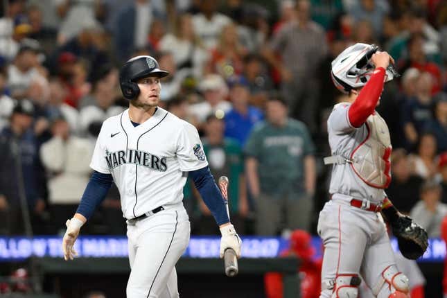 Sep 11, 2023; Seattle, Washington, USA; Seattle Mariners right fielder Jarred Kelenic (10) walks off the field after striking out to the Los Angeles Angels during the ninth inning at T-Mobile Park.