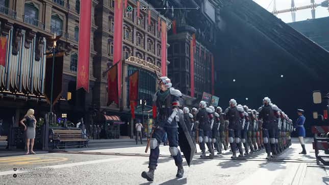 Shinra troops march forward on a street.