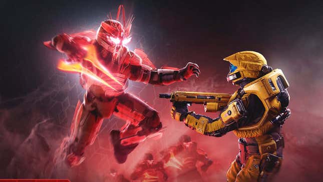 An image shows a red-colored Spartan with a sword attacking a yellow Spartan.