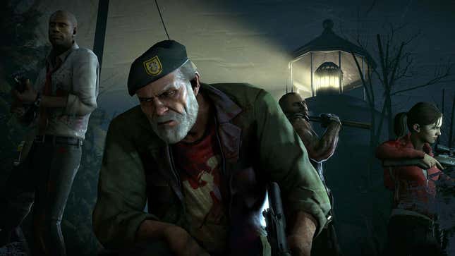 Bill from Left 4 Dead looks at the ground while other L4D characters stand behind him at night. 