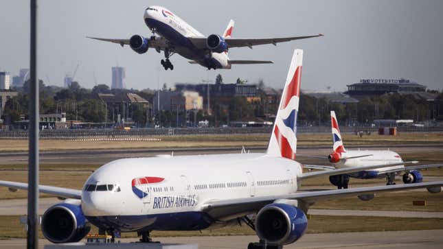 A photo of a British Airways plane taking off at Heathrow Airport. 