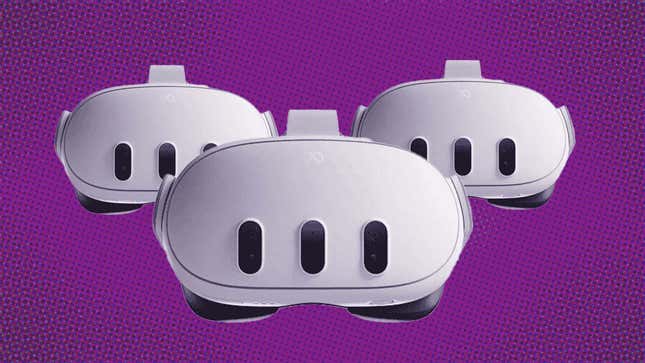 An image shows three Meta Quest 3 headsets. 