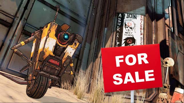 Borderlands 3 character Claptrap poses next to a superimposed red "For Sale" sign.