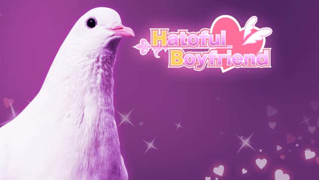 L'art montre une colombe devant un fond rose à côté du titre "Son petit ami est Hatoful."