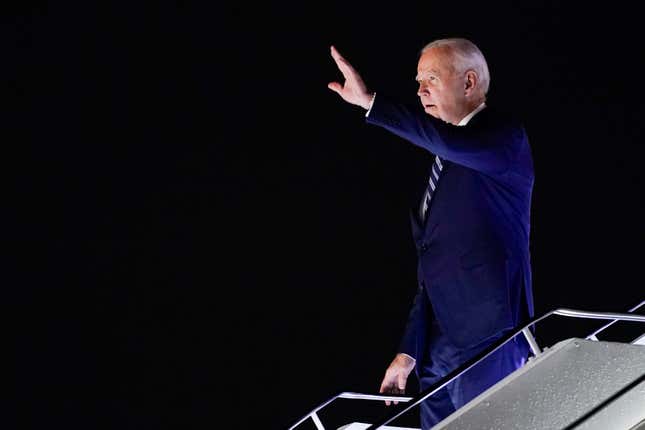President Joe Biden arrives at Indira Gandhi International Airport to attend the G20 summit, Friday, Sept. 8, 2023, in New Delhi. (AP Photo/Evan Vucci)