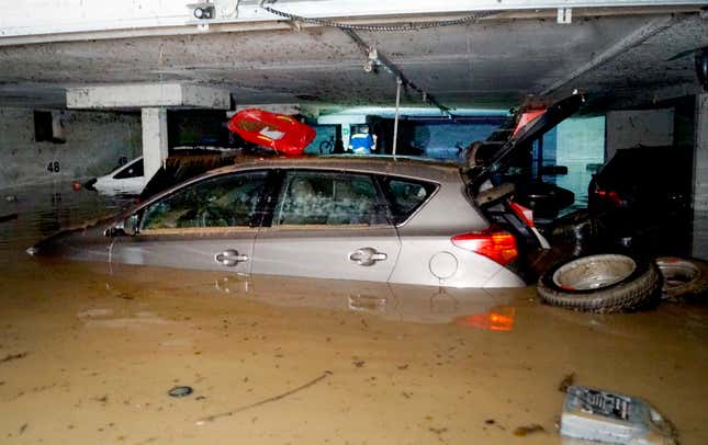 Vehicles are parked in a flooded underground car park on June 12, 2018 in Hochdorf, Germany. 