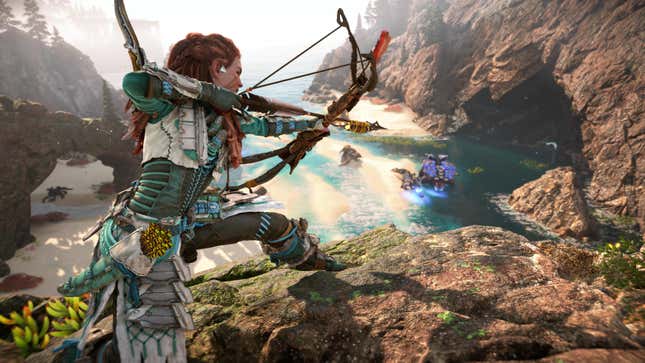 Aloy aims a bow at a giant shellsnapper in Horizon Forbidden West, one of the best PS5 games of 2022.