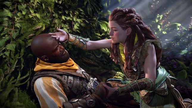 A Horizon Forbidden West screenshot showing protagonist Aloy tending to a wounded tribe member.