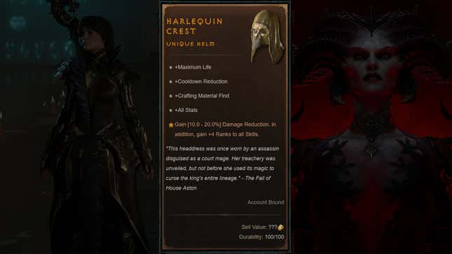 A composite image shows stats for the Harlequin Crest.
